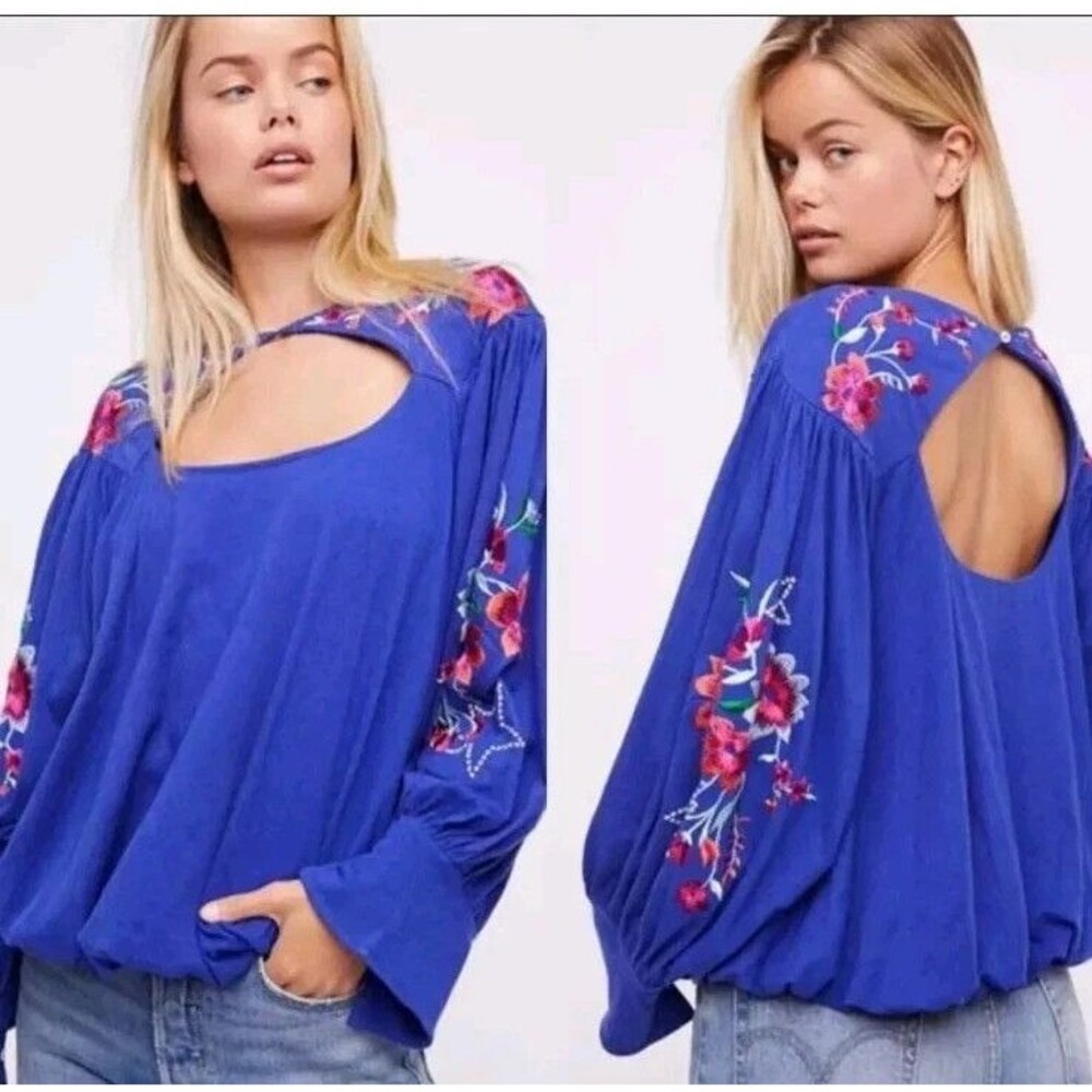 Free People Lita Purple Cut Out Embroidered Top MEDIUM Boho Floral Holiday